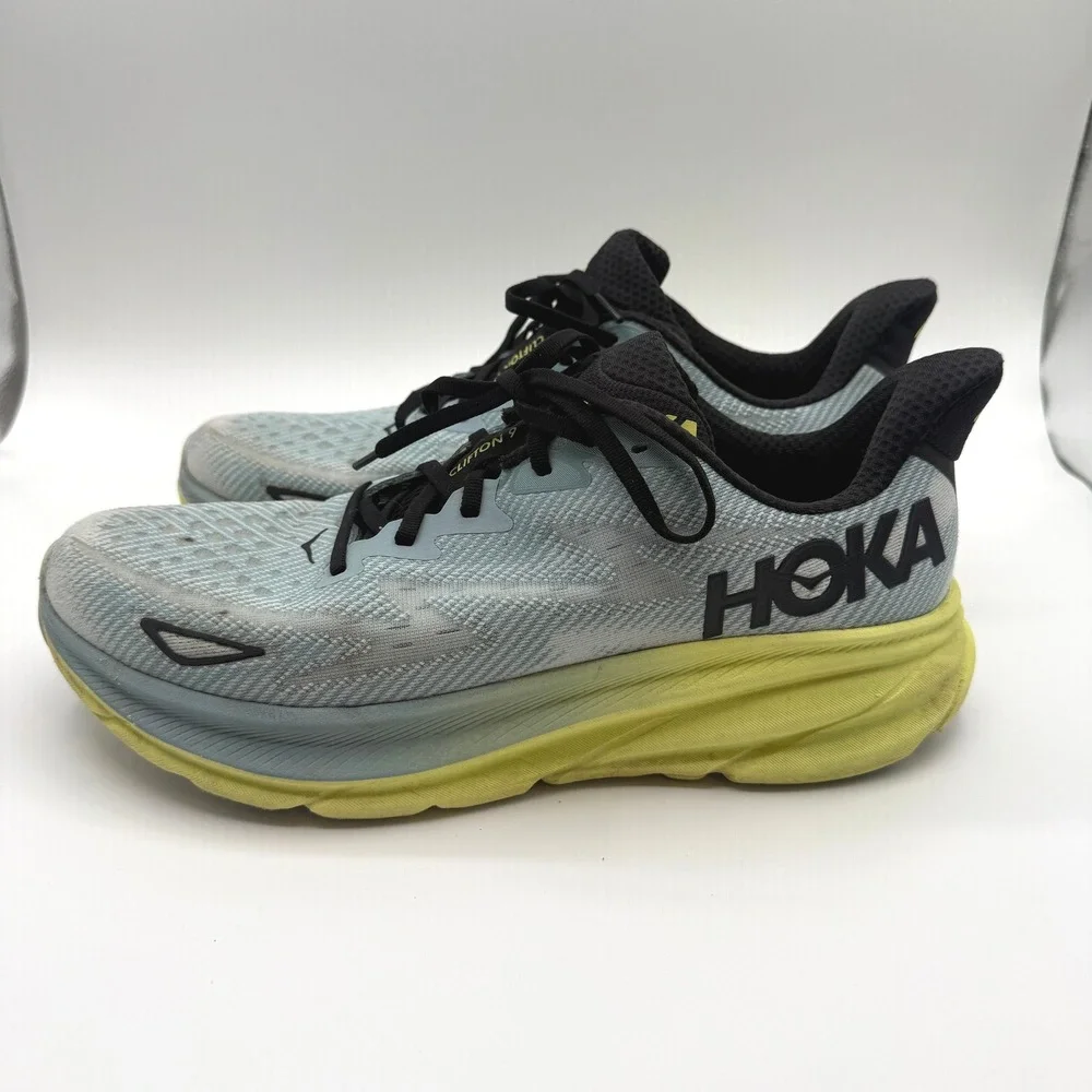 Hoka Clifton 9 Running Shoes Mens 12 Blue Yellow Cushioned Athletic Sneakers
